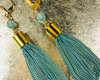 Long Chain Tassel Earrings, Turquoise, Gold, Swarovski Crystal, Dangle, Unique, Gifts