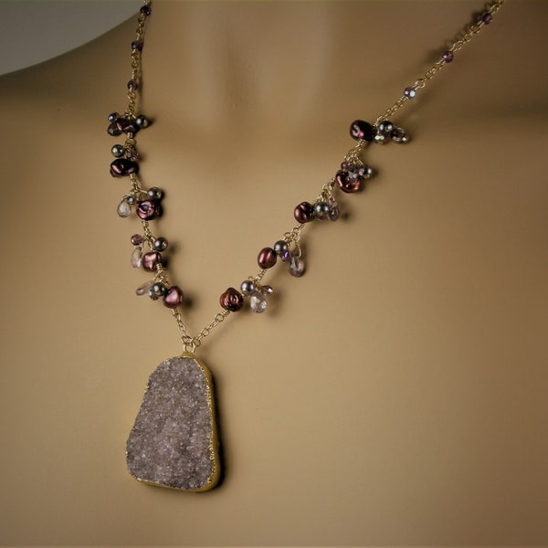 Amethyst Purple Colored Druzy, Freshwater Pearls, Swarovski Crystals Purples, Plums, 14KGF