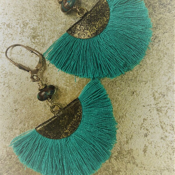 Turquoise, Teal Tassel Fringe Fan With Semi-Precious Stones, Metal and Sterling Silver Findings, Long, Unusual, Gift
