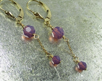 Purple Lavender Opal (Swarovski Cyclamen Opal) and 14K GF Drop Earrings, Wedding, Gift