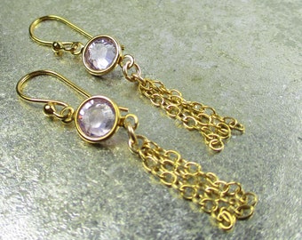 Lavender Bezel Channel Set Crystal, 14K GF Chain, Drop Earrings