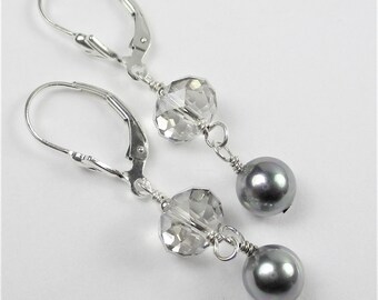 Swarovski Crystals and Majorica Pearls, Sterling Silver, Silver Shadow, Silver Pearls, Pearls, Sterling Silver, Gray, Bridal, Unique, Dangle