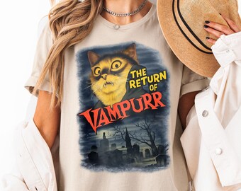 Vampurr Cat Tee, Funny Halloween Shirt, Vintage Retro Halloween Horror Graphic Tee, Baggy Washed Funny Halloween Gift