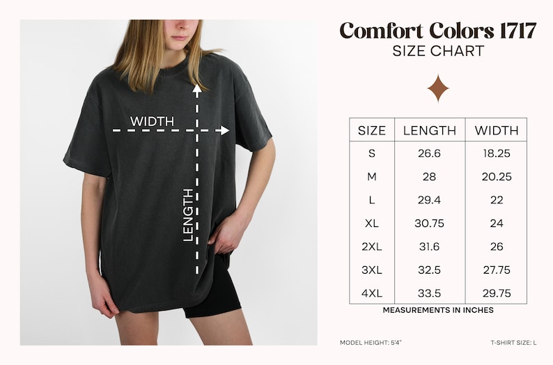 May include: A charcoal gray short-sleeve t-shirt with a size chart labeled Comfort Colors 1717. The chart lists lengths and widths in inches for sizes S through 4XL, with arrows on the shirt indicating where length and width are measured.