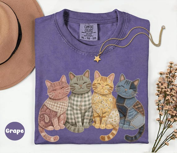 Comfort Colors® Patchwork Cats Shirt, Cute Cat Graphic Tee, Vintage Quilt Style T Shirt, Cat Lover Gift, Cozy Animal Illustration Tee