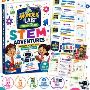 May include: A colorful STEM Adventures activity book for kids, featuring a rocket ship, lab equipment, and the text "Wonder Explore Create!". The book includes 37 printable pages, 31 STEM missions, and is designed for ages 6-10. The cover features illustrations of children and robots.