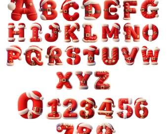 以下が含まれることがあります： クリスマスをテーマにした、アルファベットと数字0〜9のセット。文字と数字は赤色で、白いトリムが施され、サンタクロースの衣装を模倣しています。帽子とベルトが特徴です。デザインは3Dで、遊び心があります。