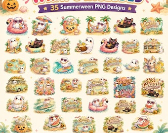 Summerween PNG Bundle, 35 Spooky Summer PNG, Cute Ghost Beach Clipart, Hot Ghoul Summer, Halloween Vacation Sublimation (Digital Download)