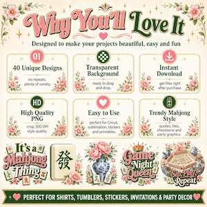 Mahjong PNG bundle benefits including 40 unique designs, transparent background, instant download, high quality PNG and trendy mahjong style.