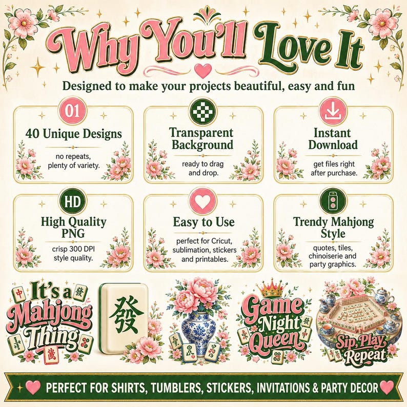 Mahjong PNG bundle benefits including 40 unique designs, transparent background, instant download, high quality PNG and trendy mahjong style.