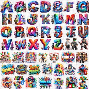 Paquete de 60 imágenes PNG de Roblox / Alfabeto de personajes PNG de Roblox, PNG de gamer, PNG de cumpleaños infantil, imágenes prediseñadas de fiesta de cumpleaños de Roblox, imágenes prediseñadas de videojuegos