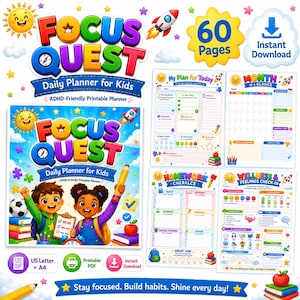 以下が含まれることがあります： 子供向けの60ページのFocus Questデイリープランナー。太陽、ロケット、子供たちのカラフルなグラフィックが特徴です。印刷可能なPDFには、日次計画、月次カレンダー、宿題チェックリスト、ウェルネスチェックインのページが含まれており、USレターおよびA4サイズで利用可能です。