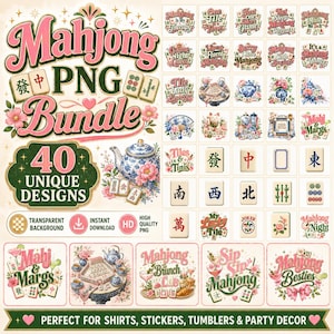 Mahjong PNG Bundle with 40 unique designs for shirts, stickers, tumblers and party decor, featuring mahjong tiles and floral clipart.
