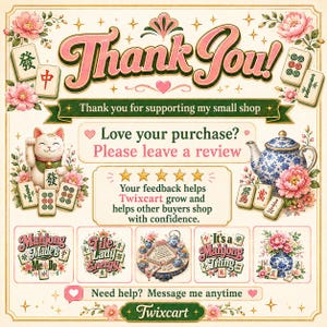 Thank you review request for Twixcart Mahjong PNG bundle with mahjong tiles, floral art, 5 star feedback message and customer support note.