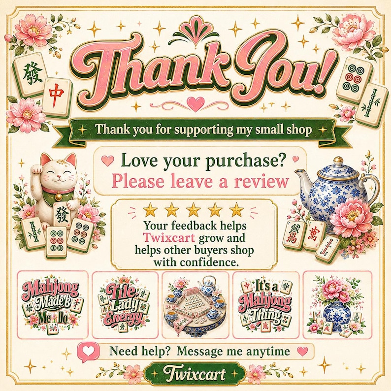 Thank you review request for Twixcart Mahjong PNG bundle with mahjong tiles, floral art, 5 star feedback message and customer support note.