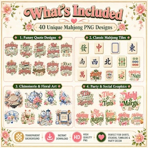 40 unique Mahjong PNG designs including funny quote designs, classic mahjong tiles, chinoiserie floral art and party social graphics.