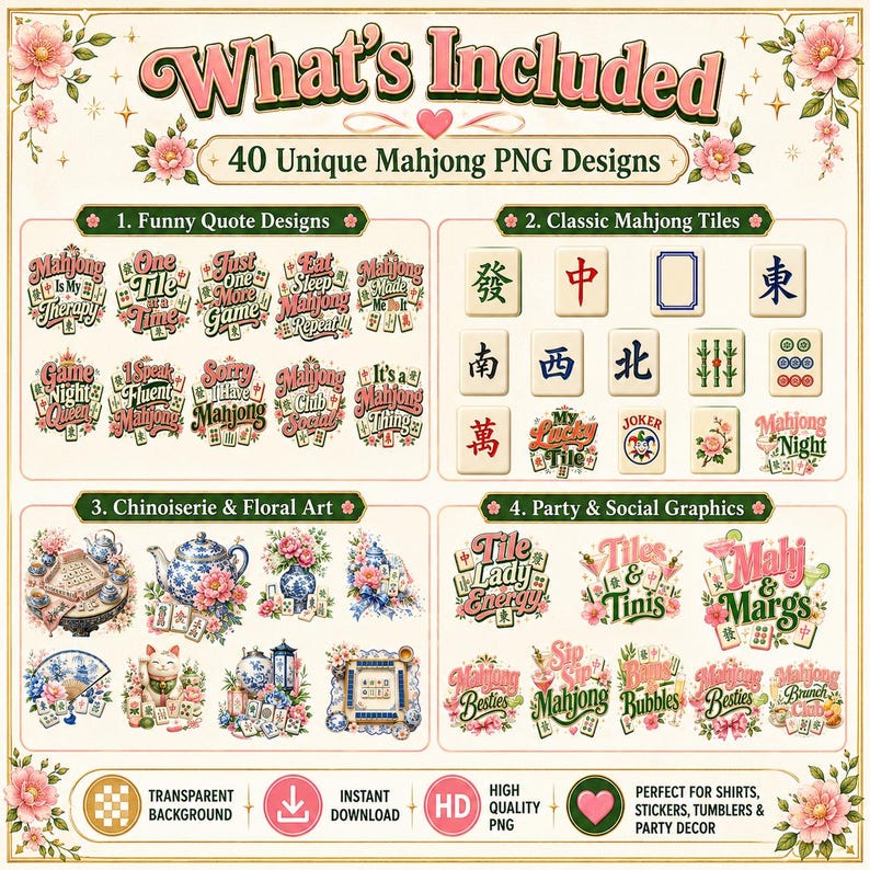 40 unique Mahjong PNG designs including funny quote designs, classic mahjong tiles, chinoiserie floral art and party social graphics.