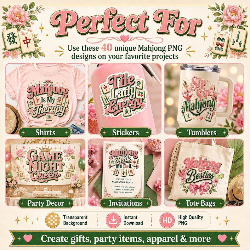 Mahjong PNG designs shown on shirts, stickers, tumblers, invitations, tote bags and party decor for Cricut and sublimation projects.