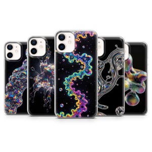 May include: Five smartphone cases arranged in a row, each featuring a black background with distinct iridescent, liquid-like abstract patterns in shades of blue, purple, yellow, and green, with clear camera cutouts on the upper left corner of each.