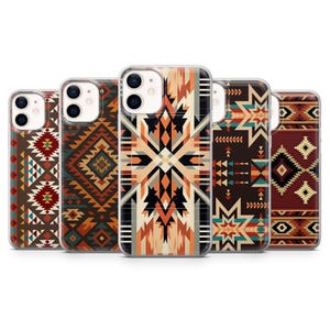 May include: Five smartphone cases arranged in a row, each featuring a distinct geometric pattern in shades of brown, cream, orange, black, and teal. The designs include repeating diamonds, stars, and linear motifs across the back of each case.