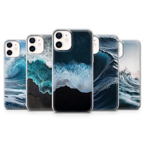 May include: Five phone cases with ocean wave imagery. The cases display different views of waves in shades of blue, white, and black. The cases are made of a clear material.