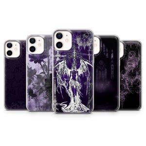 May include: A collection of five phone cases with gothic-inspired designs. The cases feature dark purple and black color schemes with illustrations of angels, floral patterns, and architectural elements. The cases are made of a clear, protective material.
