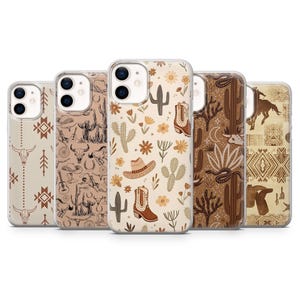 May include: Five phone cases with a Western theme. The cases feature designs of cacti, cowboy boots, hats, and other desert-inspired elements in shades of brown, beige, and cream. The cases are made of a clear material.