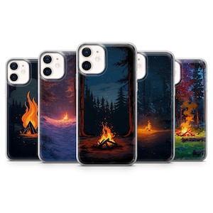 May include: A set of phone cases displaying campfire scenes in woodland environments. Each case has a unique illustration of a campfire, trees, and a night sky. The cases are made of clear plastic.