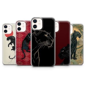 Könnte beinhalten: Fünf Handyhüllen mit Designs von schwarzen Panthern. Die Designs variieren, darunter Linienzeichnungen und Aquarellstile, vor gemusterten und einfarbigen Hintergründen. Die Farbgebung umfasst Schwarz, Rot und Gold.