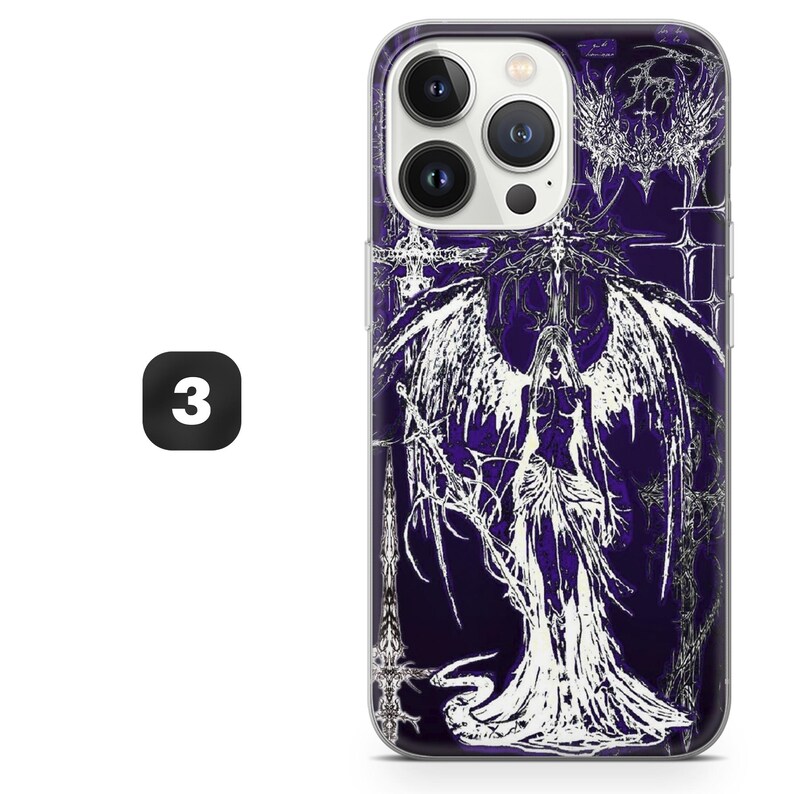 Gotiskt telefonskal med lila konst och mystisk ängel för iPhone 17, 16, 15, 14, 13, 12, Samsung S26, S25, S24, A17, A56, Pixel 10 Pro, 9A, 8, 7 3