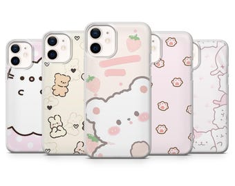 Kawaii Phone Case Cute Bear Pastel Cover for iPhone 17, 16, 15, 14, 13, 12, Samsung S26, S25, S24, A17, A56, Pixel 10 Pro XL, 9A, 8Pro, 7A
