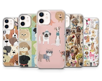 Può includere: Una collezione di custodie per telefoni con disegni di cani. Ogni custodia presenta un design diverso, tra cui illustrazioni di cani, collage di facce di cani e motivi giocosi. Le custodie sono progettate per adattarsi a uno smartphone.