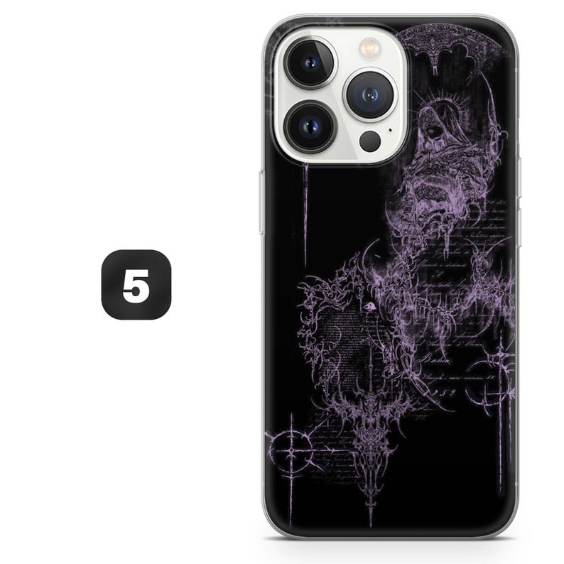 Gotiskt telefonskal med lila konst och mystisk ängel för iPhone 17, 16, 15, 14, 13, 12, Samsung S26, S25, S24, A17, A56, Pixel 10 Pro, 9A, 8, 7 5