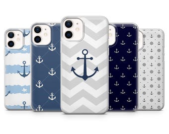 May include: A collection of five phone cases with nautical designs. The cases feature patterns like anchors, chevrons, and waves in shades of blue and white. The cases are designed to fit a smartphone.