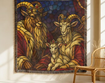 Stained Glass Woven Blanket Royal Goat Family Medieval Art Tapestry Throw Colourful Gothic Home Décor Unique Animal Art Blanket Gift For All