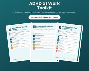 Kit de Ferramentas para Adultos com TDAH no Trabalho | Planilhas de Função Executiva, Foco e Tarefas | Produtividade Neurodivergente | PDF para Imprimir e Preencher