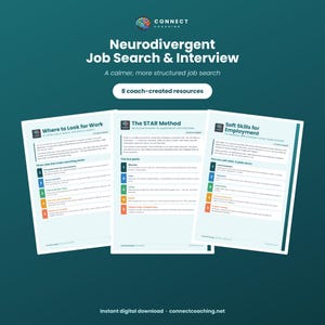 Op de afbeelding: Drie informatieve documenten getiteld Neurodivergent Job Search & Interview, met 8 door coaches gemaakte bronnen. De pagina's bevatten Where to Look for Work, The STAR Method en Soft Skills for Employment, met tekst over loopbaanstrategieën.