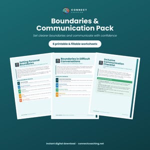 Può includere: Un prodotto digitale intitolato Boundaries & Communication Pack che include 6 fogli di lavoro stampabili e compilabili. I documenti includono Setting Personal Boundaries, Boundaries in Difficult Conversations e Inclusive Communication Checklist.