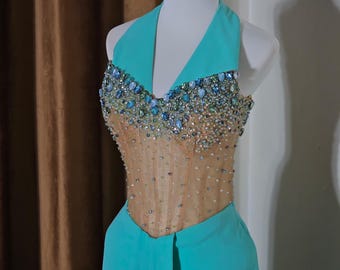Aqua Blue Beaded Halter Gown – Custom Handmade Prom or Pageant Dress with Sheer Corset Bodice