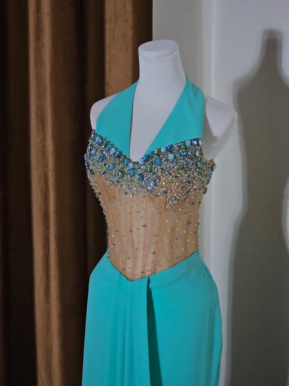 aqua halter dress Brianna Halter Dress-Aqua/Gold main image 1