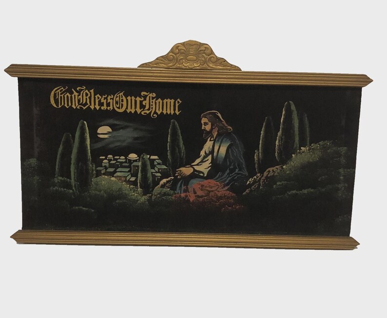 Vintage Jesus Christ Praying BLACK VELVET Painting Religious MCM Framed ...