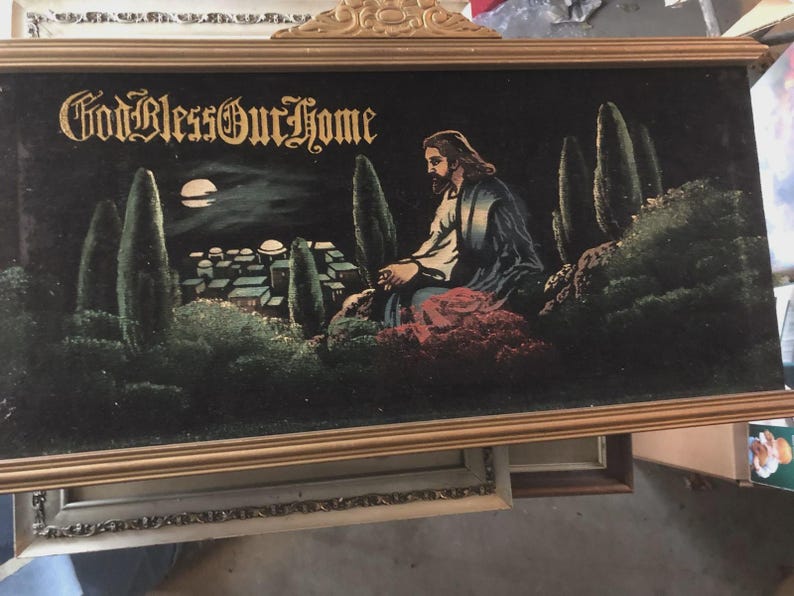 Vintage Jesus Christ Praying BLACK VELVET Painting Religious MCM Framed ...