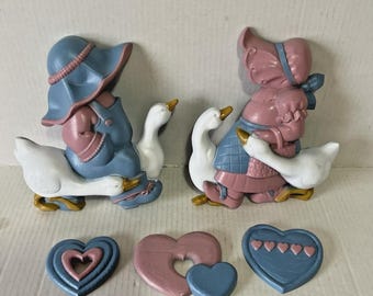 Girl & Boy with Geese 3 Hearts Burwood Products  Wall Plaques Vintage 1990s Blue and Mauve