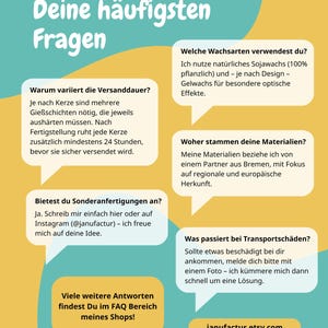 May include: A teal and yellow graphic with text in German. The text includes questions and answers about candle making, such as shipping times, materials, and custom orders. The Etsy shop URL is also included.
