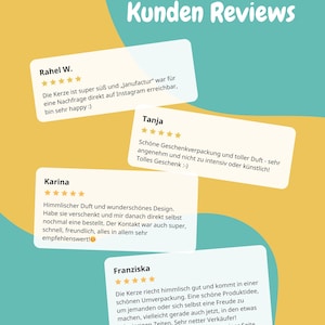May include: A teal and yellow graphic with the words "Kunden Reviews" in white. The image features customer reviews with star ratings and text in German, praising the product's scent and packaging.