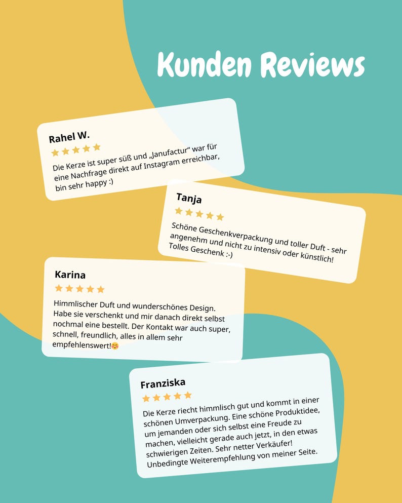 May include: A teal and yellow graphic with the words "Kunden Reviews" in white. The image features customer reviews with star ratings and text in German, praising the product's scent and packaging.