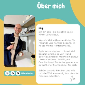 May include: A teal and yellow graphic with the text "&Uuml;ber mich" and a photo of a smiling person holding a cocktail and a candle. The text says "Hey, I am Jan - the creative soul behind Janufactur."