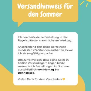 May include: A teal background with a yellow speech bubble containing the text "Versandhinweis f&uuml;r den Sommer." Below, a white rectangle contains German text about order processing and shipping during summer months.