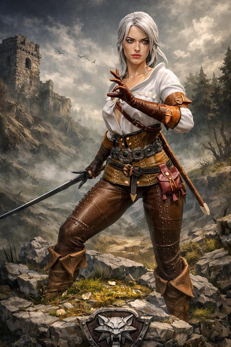Puede incluir: Una mujer con blusa blanca, pantalones y botas de cuero marr&oacute;n, sosteniendo una espada. Lleva cintur&oacute;n y guantes de cuero marr&oacute;n. Un castillo est&aacute; al fondo. El logo de The Witcher est&aacute; en la parte inferior.