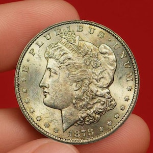 Puede incluir: Una moneda de plata con el perfil de una mujer, el año 1878 y las inscripciones "E PLURIBUS UNUM" y "LIBERTY". La moneda se sostiene entre dos dedos sobre un fondo rojo.